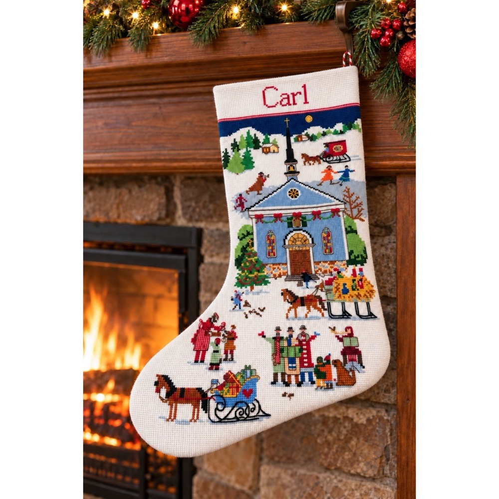 Vintage Needlepoint Christmas Stocking Carl Winter Village Church Carolers Horse